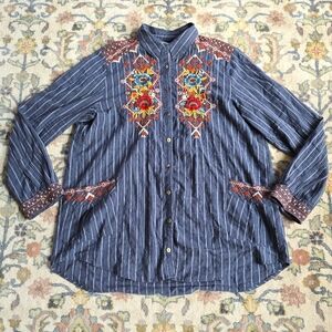 Johnny Was Talline Blue Embroidered Painters Smock Women's L